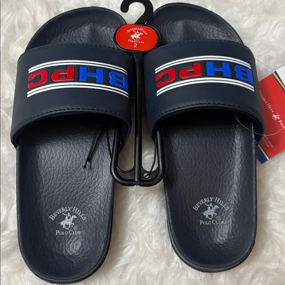NWT Beverly Hills Polo Club Navy Blue Youth Size 2 Slide On Sandals
